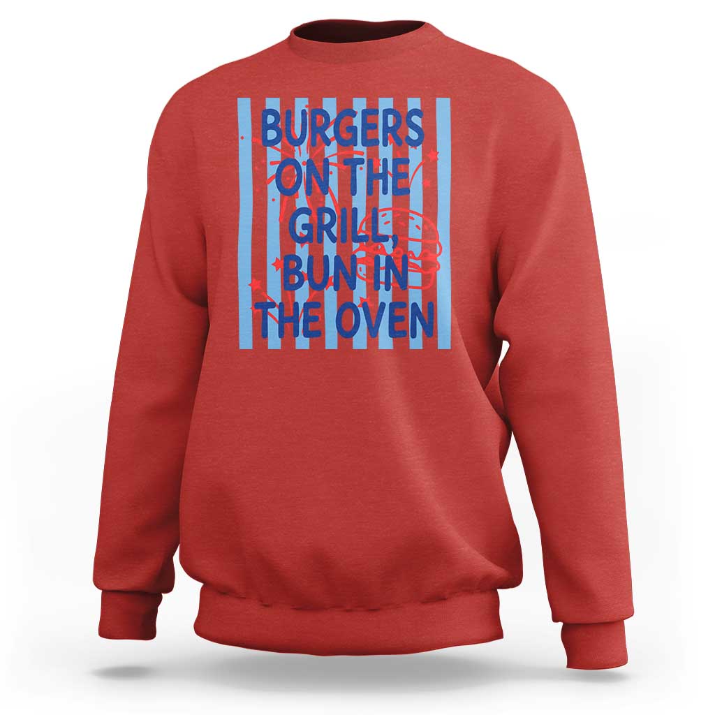 Patriotic 4th of July Pregnancy Announcement Preppy Style Sweatshirt Burgers On The Grill Bun In The Oven Summer BBQ