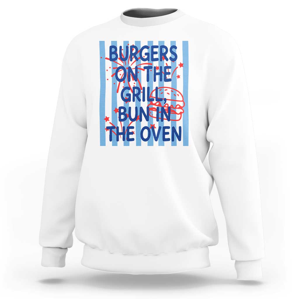 Patriotic 4th of July Pregnancy Announcement Preppy Style Sweatshirt Burgers On The Grill Bun In The Oven Summer BBQ