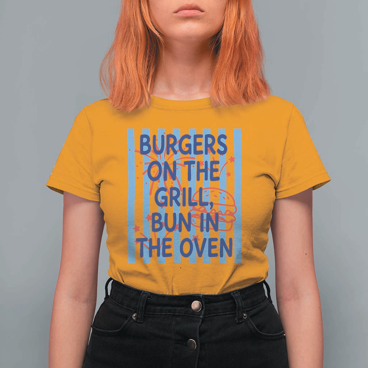 Patriotic 4th of July Pregnancy Announcement Preppy Style T Shirt For Women Burgers On The Grill Bun In The Oven Summer BBQ