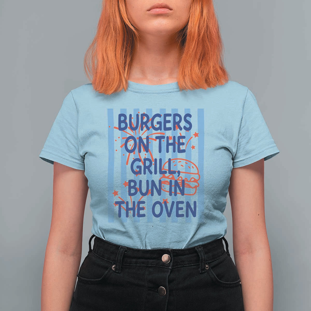 Patriotic 4th of July Pregnancy Announcement Preppy Style T Shirt For Women Burgers On The Grill Bun In The Oven Summer BBQ