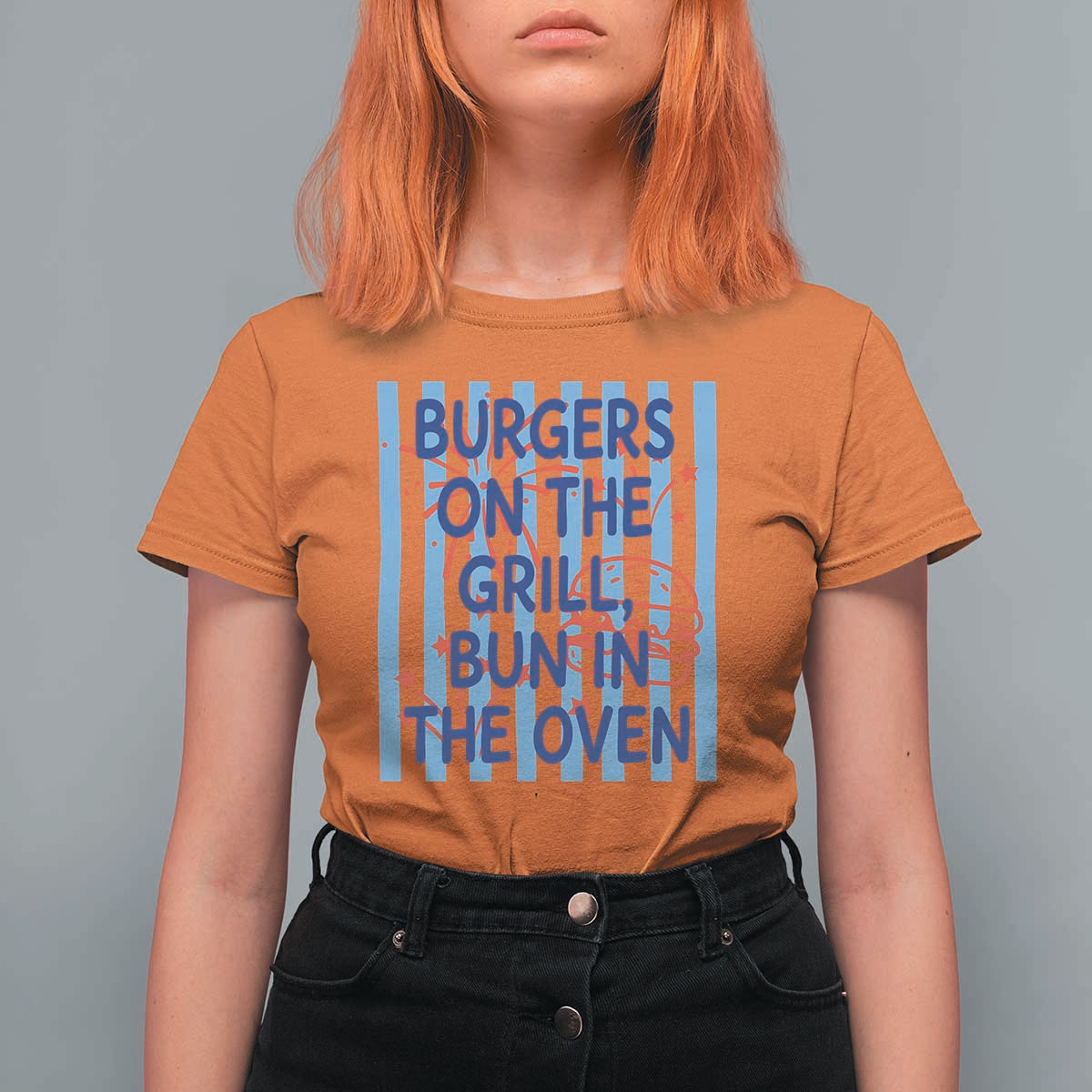 Patriotic 4th of July Pregnancy Announcement Preppy Style T Shirt For Women Burgers On The Grill Bun In The Oven Summer BBQ