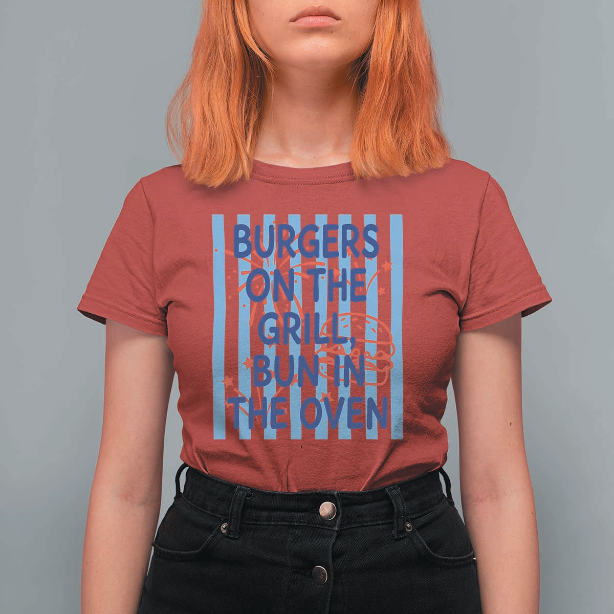 Patriotic 4th of July Pregnancy Announcement Preppy Style T Shirt For Women Burgers On The Grill Bun In The Oven Summer BBQ