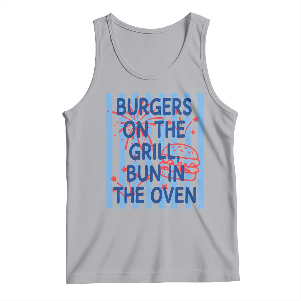 Patriotic 4th of July Pregnancy Announcement Preppy Style Tank Top Burgers On The Grill Bun In The Oven Summer BBQ