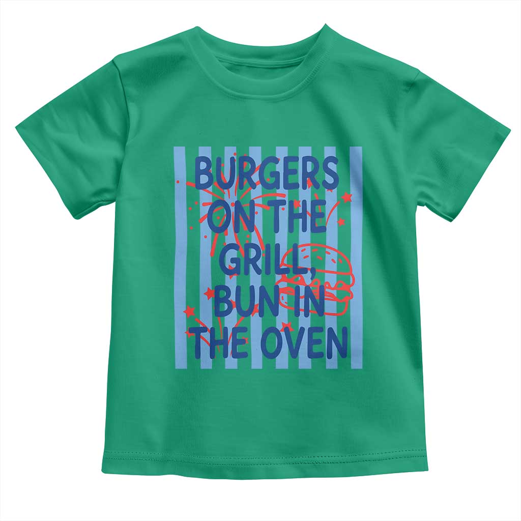 Patriotic 4th of July Pregnancy Announcement Preppy Style Toddler T Shirt Burgers On The Grill Bun In The Oven Summer BBQ