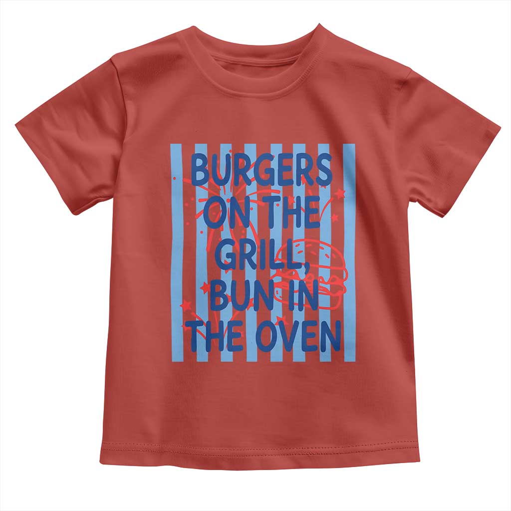 Patriotic 4th of July Pregnancy Announcement Preppy Style Toddler T Shirt Burgers On The Grill Bun In The Oven Summer BBQ