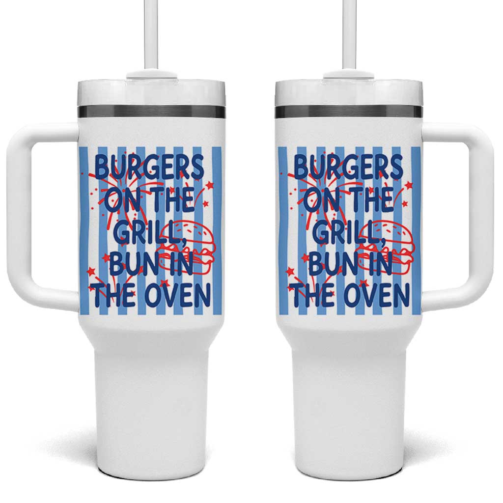 Patriotic 4th of July Pregnancy Announcement Preppy Style Tumbler With Handle Burgers On The Grill Bun In The Oven Summer BBQ