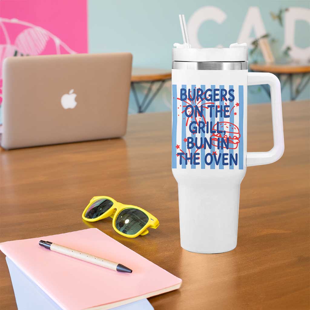 Patriotic 4th of July Pregnancy Announcement Preppy Style Tumbler With Handle Burgers On The Grill Bun In The Oven Summer BBQ