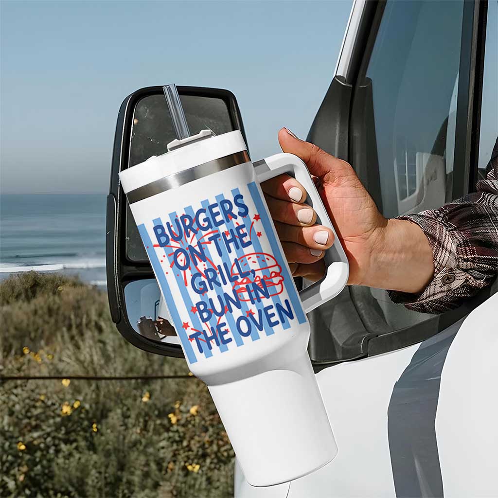 Patriotic 4th of July Pregnancy Announcement Preppy Style Tumbler With Handle Burgers On The Grill Bun In The Oven Summer BBQ