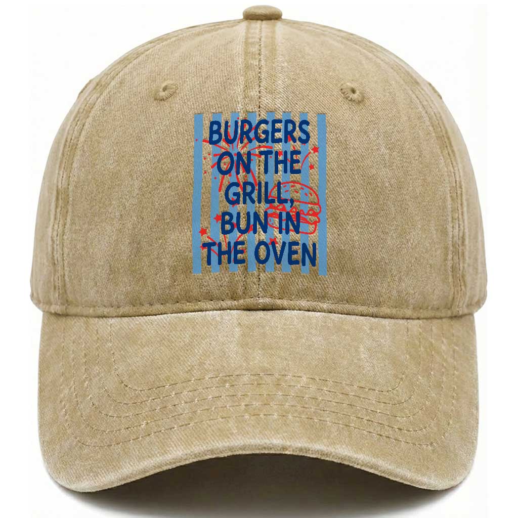 Patriotic 4th of July Pregnancy Announcement Preppy Style Washed Cotton Baseball Cap Burgers On The Grill Bun In The Oven Summer BBQ