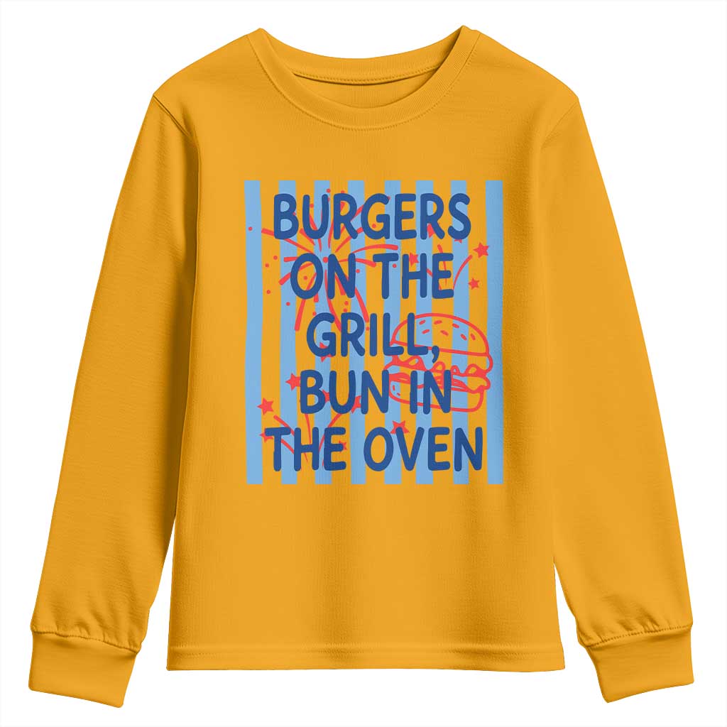 Patriotic 4th of July Pregnancy Announcement Preppy Style Youth Sweatshirt Burgers On The Grill Bun In The Oven Summer BBQ