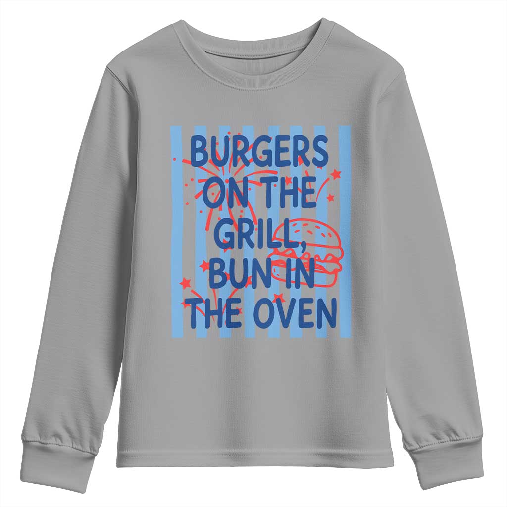 Patriotic 4th of July Pregnancy Announcement Preppy Style Youth Sweatshirt Burgers On The Grill Bun In The Oven Summer BBQ
