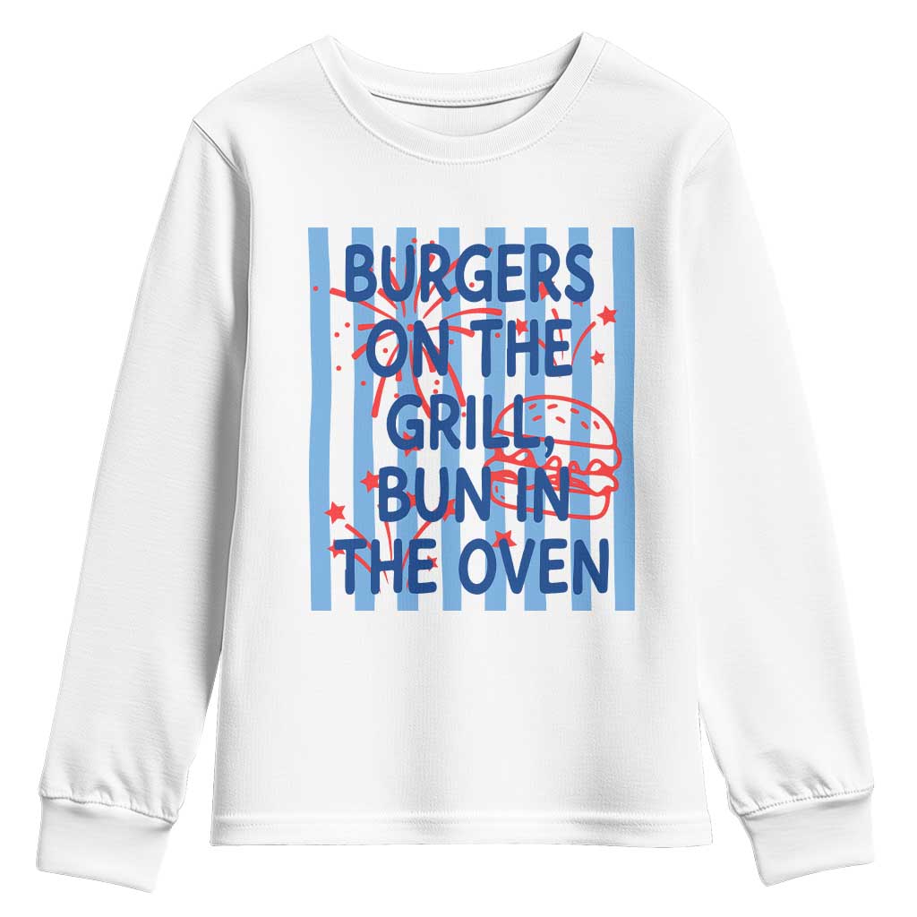 Patriotic 4th of July Pregnancy Announcement Preppy Style Youth Sweatshirt Burgers On The Grill Bun In The Oven Summer BBQ