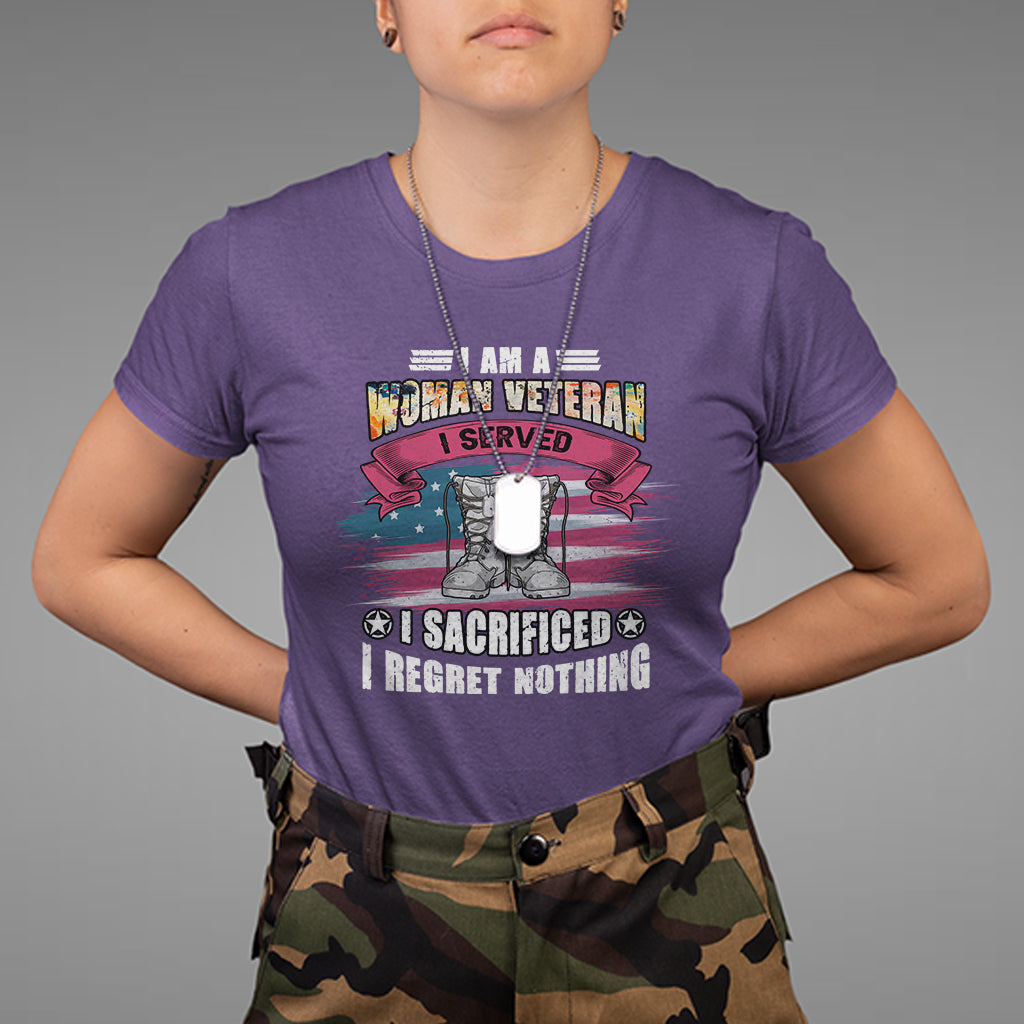 Female Veteran T Shirt I Am A Woman Veteran I Served I Sacrificed I Regret Nothing American Flag Combat Boots - Wonder Print Shop