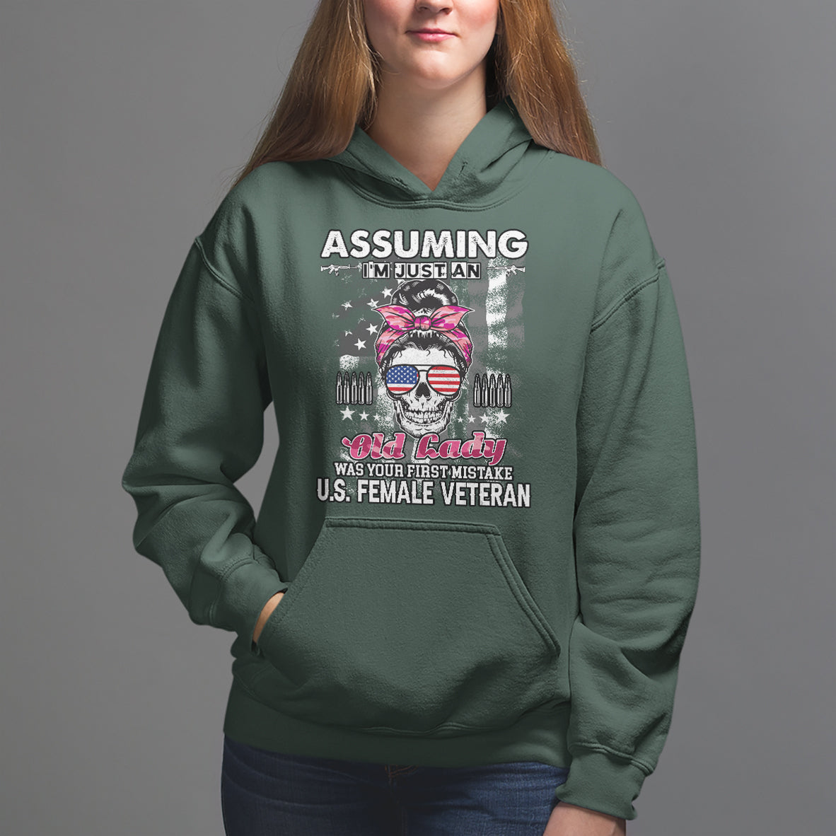 Female Veteran Hoodie Assuming I'm Just An Old Lady Was Your First Mistake American Messy Bun - Wonder Print Shop
