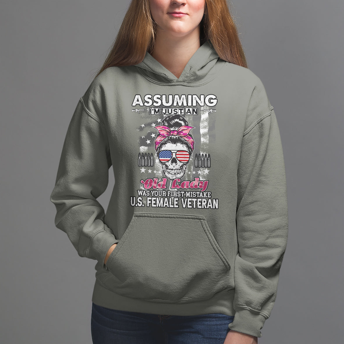 Female Veteran Hoodie Assuming I'm Just An Old Lady Was Your First Mistake American Messy Bun - Wonder Print Shop