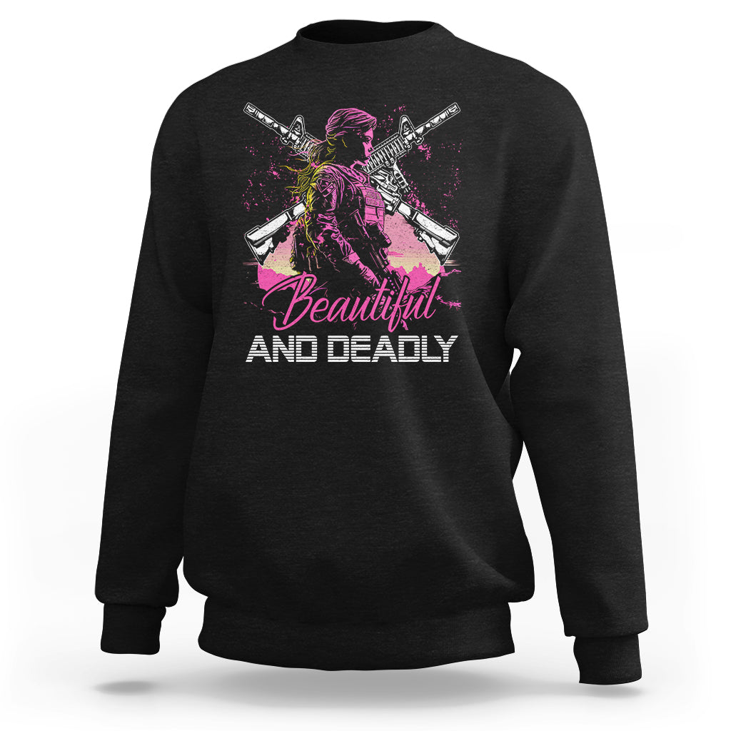 Female Veteran Sweatshirt Beautiful And Deadly Proud American Women Soldier - Wonder Print Shop