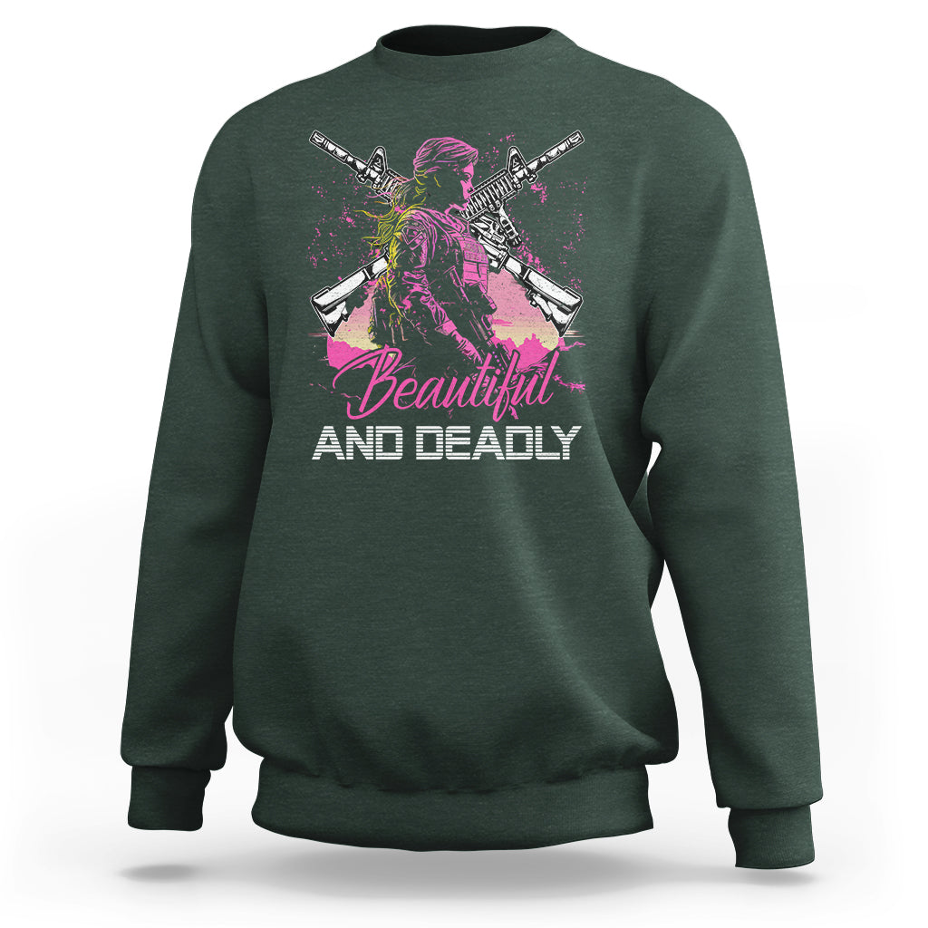 Female Veteran Sweatshirt Beautiful And Deadly Proud American Women Soldier - Wonder Print Shop
