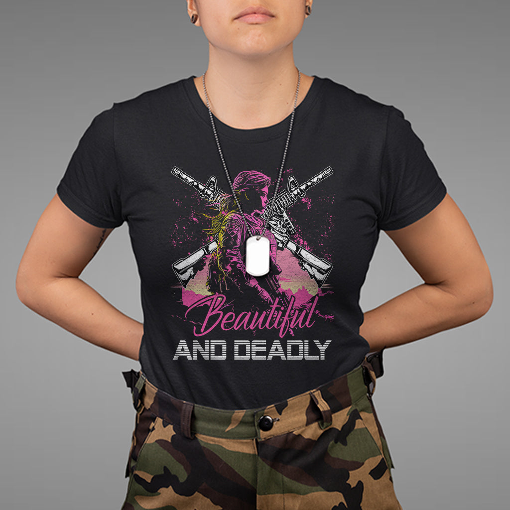 Female Veteran T Shirt Beautiful And Deadly Proud American Women Soldier - Wonder Print Shop