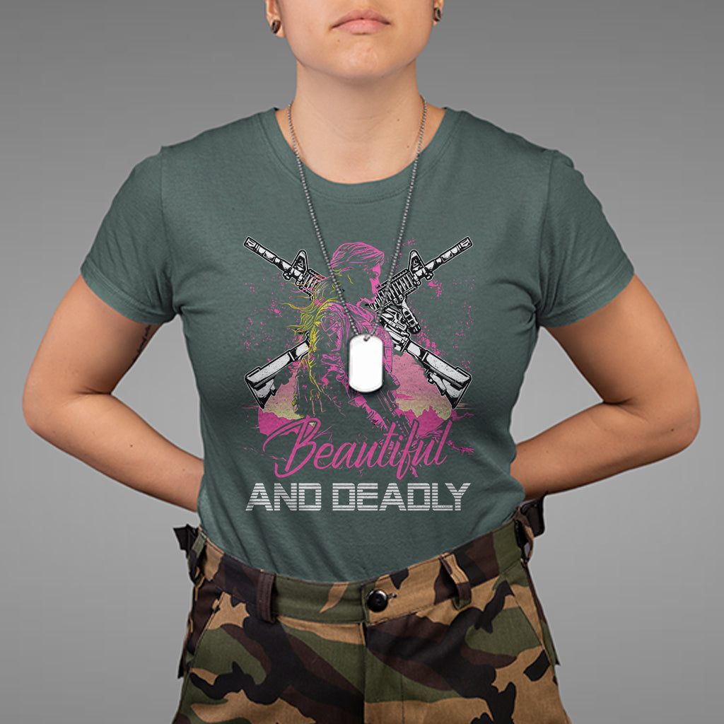 Female Veteran T Shirt Beautiful And Deadly Proud American Women Soldier - Wonder Print Shop