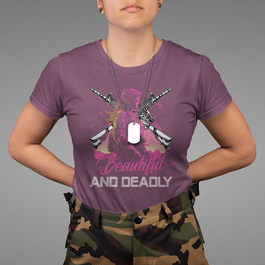 Female Veteran T Shirt Beautiful And Deadly Proud American Women Soldier - Wonder Print Shop