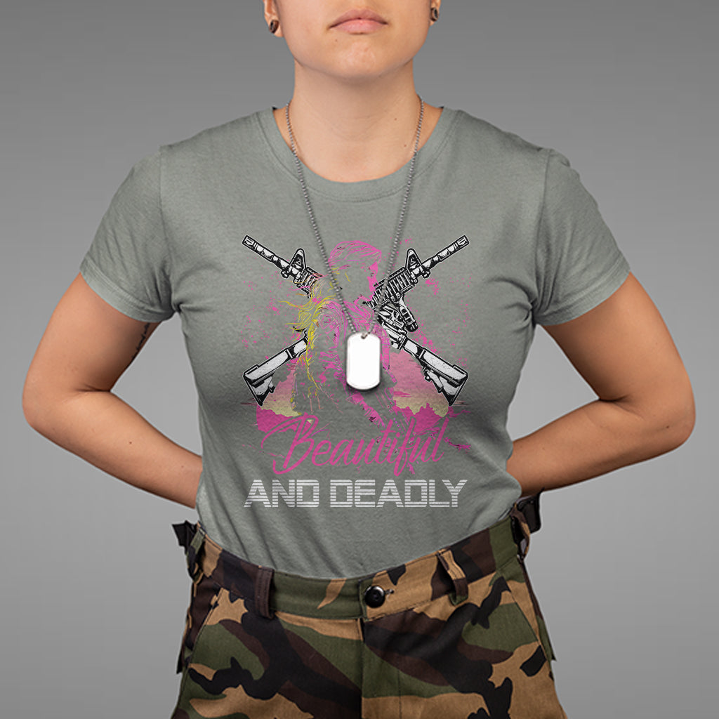 Female Veteran T Shirt Beautiful And Deadly Proud American Women Soldier - Wonder Print Shop
