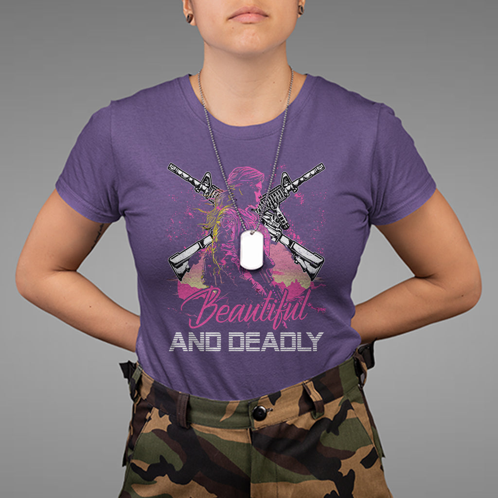 Female Veteran T Shirt Beautiful And Deadly Proud American Women Soldier - Wonder Print Shop