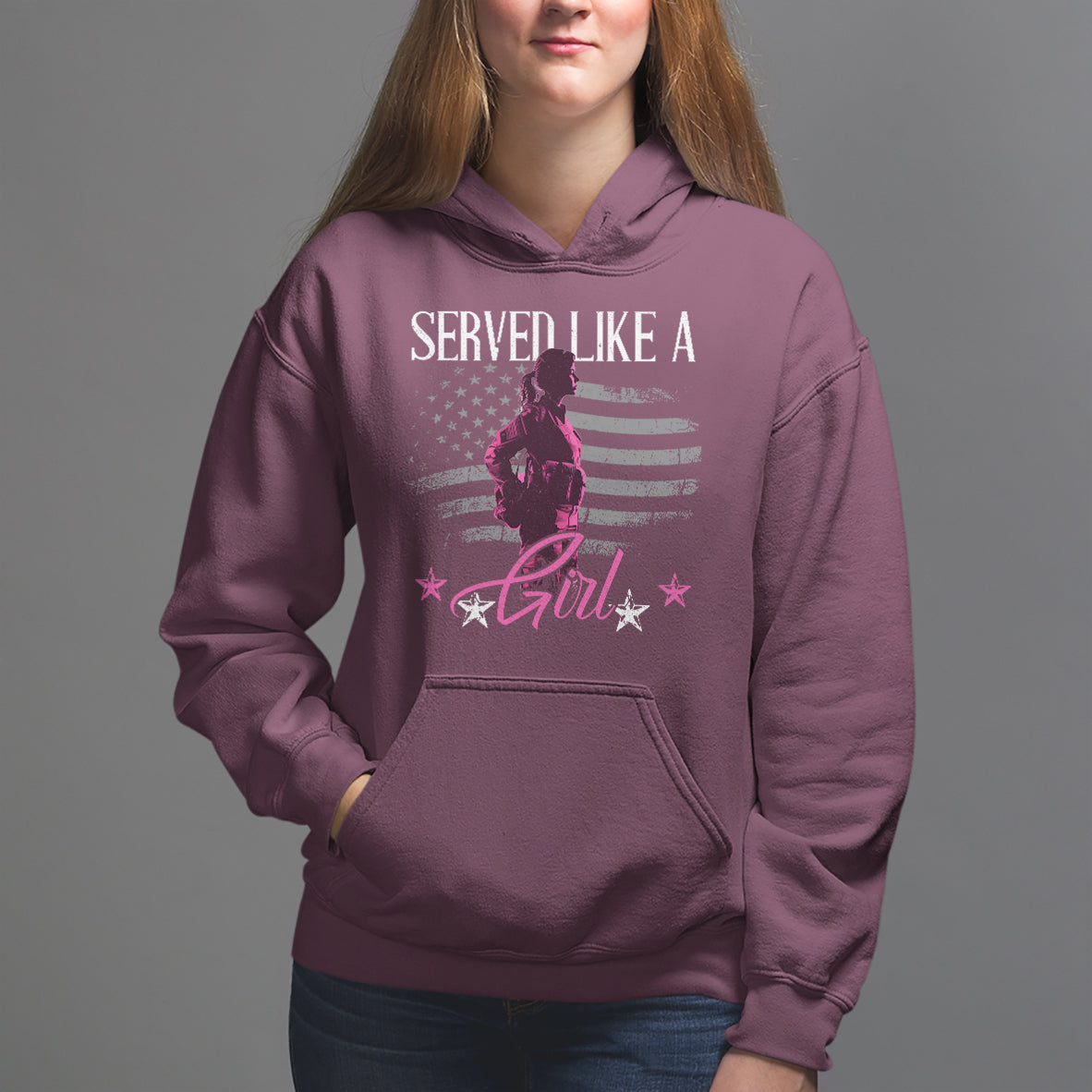 Female Veteran Hoodie Served Like A Girl American Flag US Pride - Wonder Print Shop