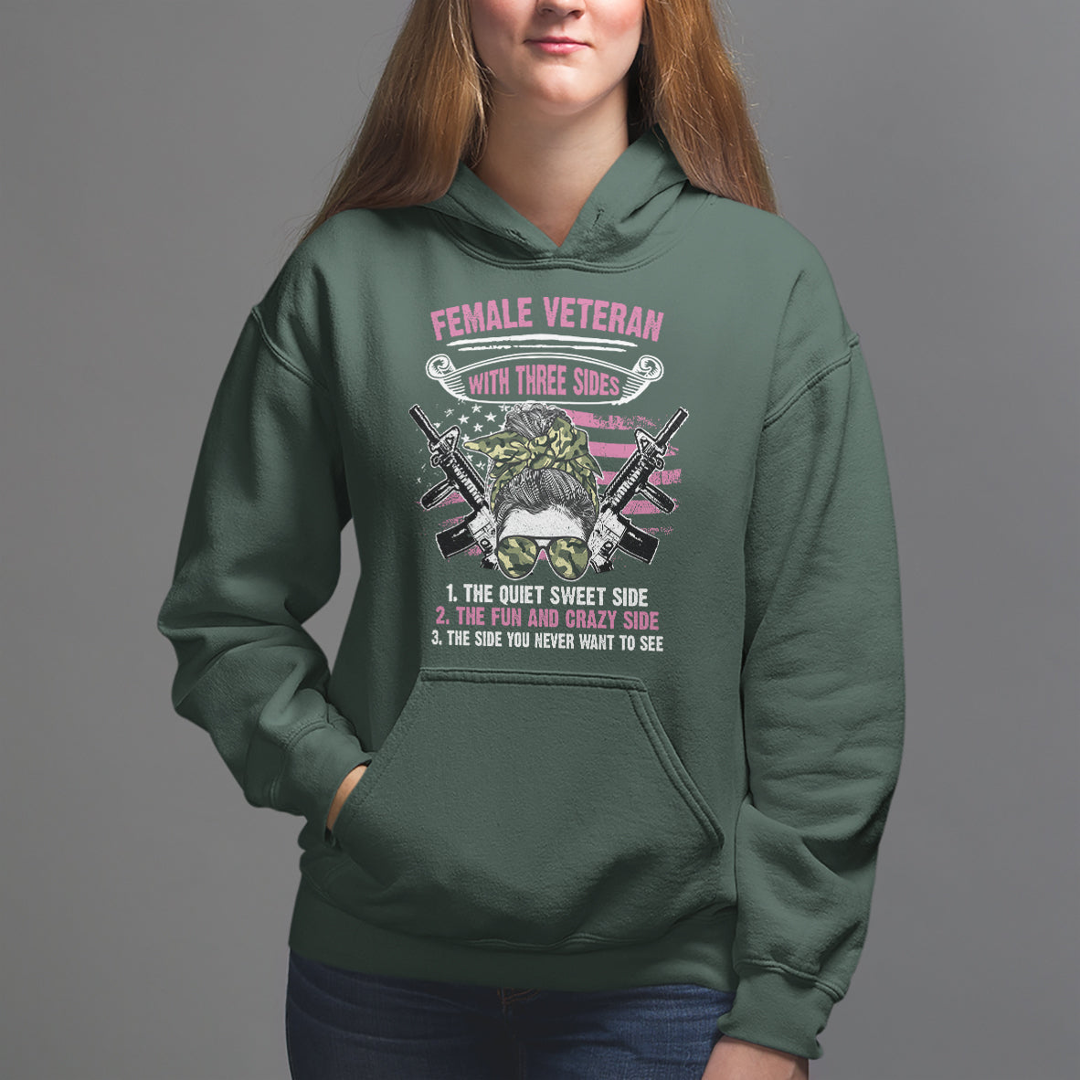 Female Veteran Hoodie With Three Sides But The Side You Never Want To See Army Messy Bun - Wonder Print Shop