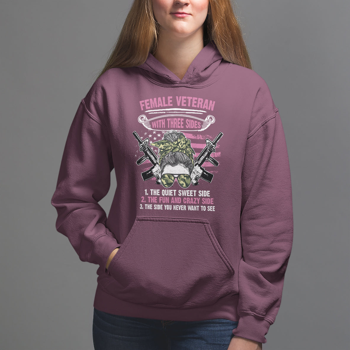 Female Veteran Hoodie With Three Sides But The Side You Never Want To See Army Messy Bun - Wonder Print Shop