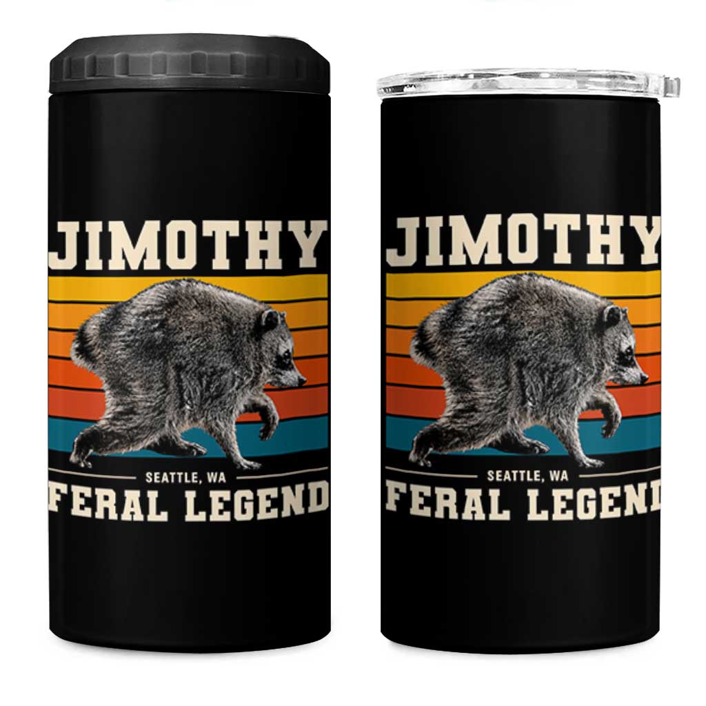 Jimothy from Seattle WA Feral Legend Raccoon 4 in 1 Can Cooler Tumbler Viral Trash Panda Retro Sunset Strip Graphic