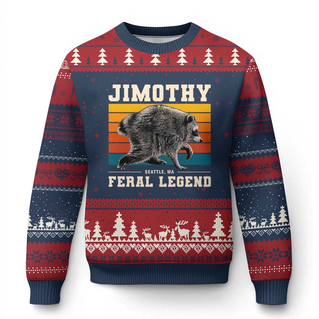 Jimothy from Seattle WA Feral Legend Raccoon Ugly Christmas Sweater Viral Trash Panda Retro Sunset Strip Graphic