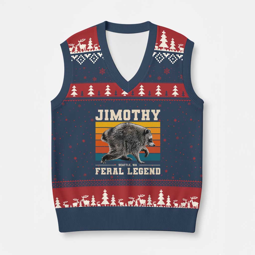 Jimothy from Seattle WA Feral Legend Raccoon V-Neck Knit Sweater Vest Viral Trash Panda Retro Sunset Strip Graphic