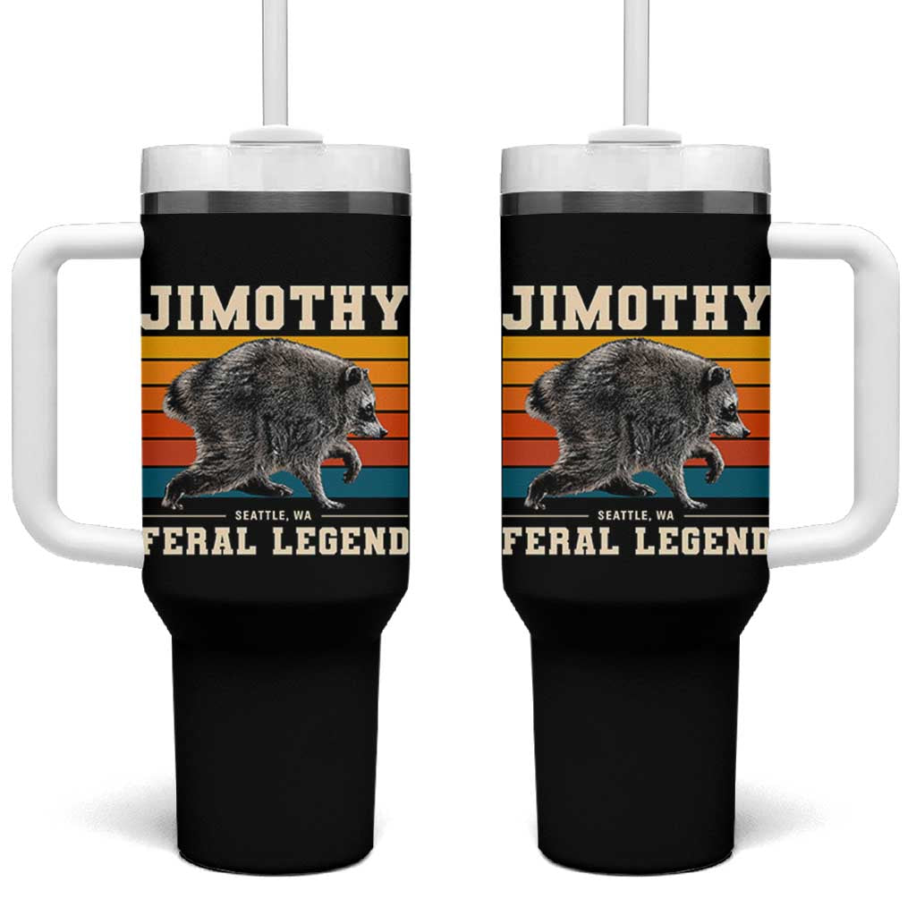 Jimothy from Seattle WA Feral Legend Raccoon Tumbler With Handle Viral Trash Panda Retro Sunset Strip Graphic
