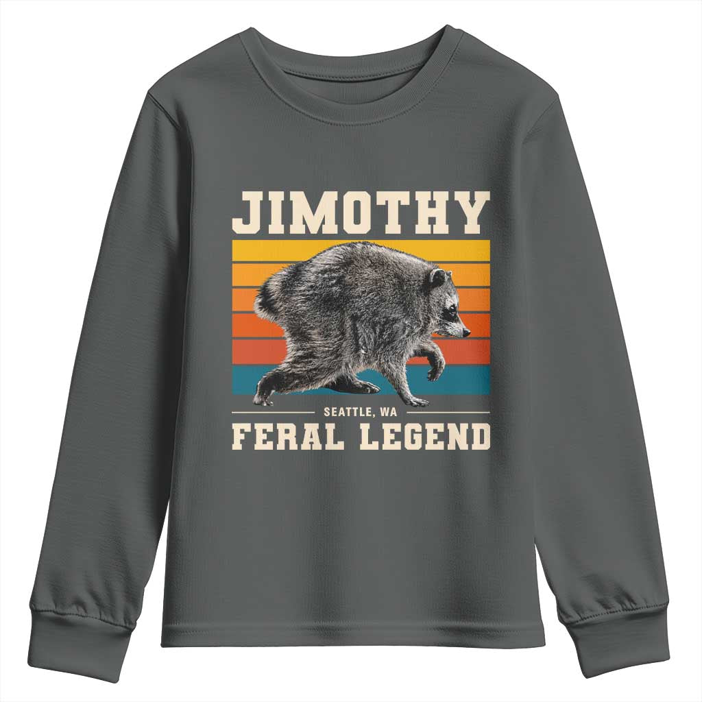 Jimothy from Seattle WA Feral Legend Raccoon Youth Sweatshirt Viral Trash Panda Retro Sunset Strip Graphic