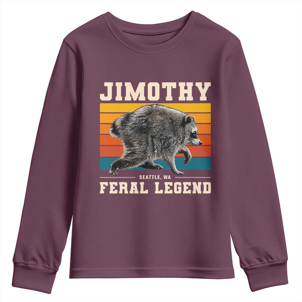 Jimothy from Seattle WA Feral Legend Raccoon Youth Sweatshirt Viral Trash Panda Retro Sunset Strip Graphic