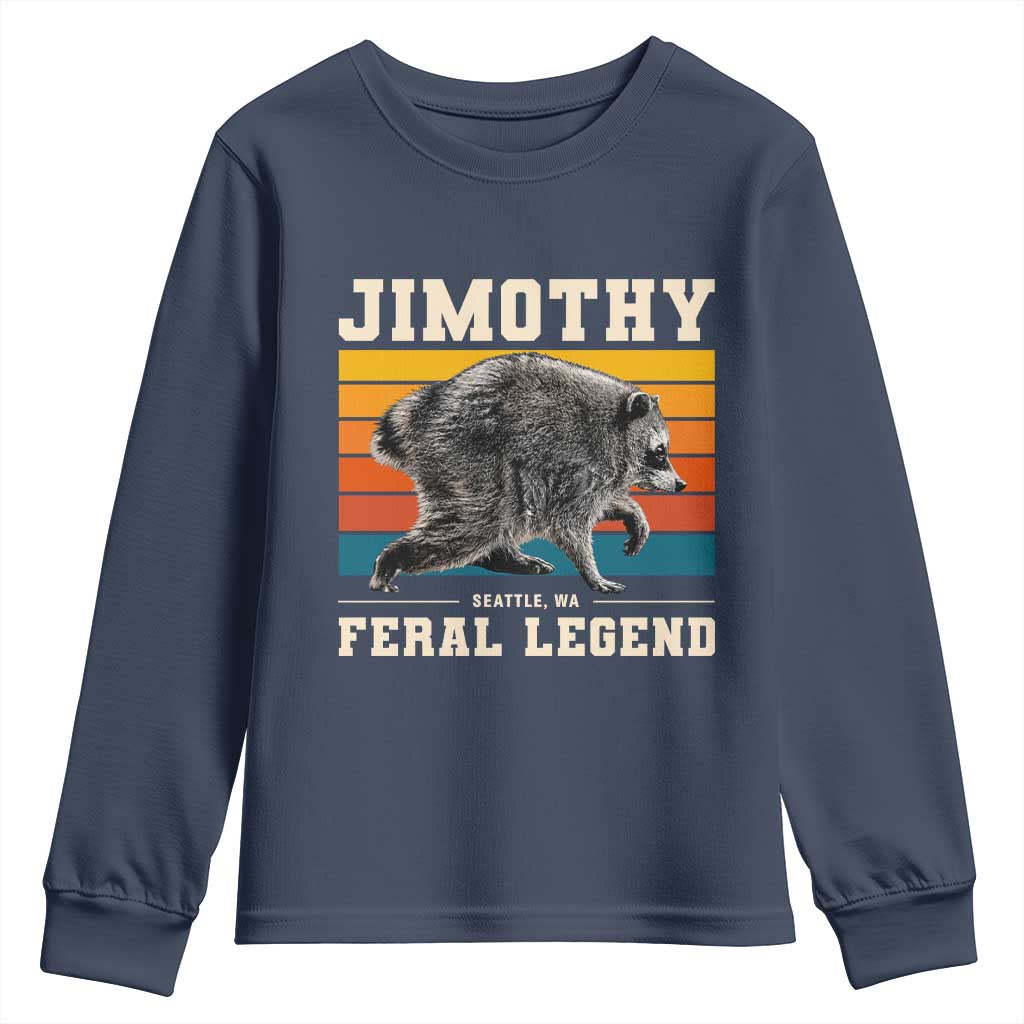 Jimothy from Seattle WA Feral Legend Raccoon Youth Sweatshirt Viral Trash Panda Retro Sunset Strip Graphic