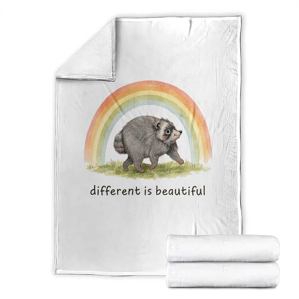 Cute Viral Raccoon Positive Quote Throw Blanket Different Is Beautiful Pastel Rainbow Graphic
