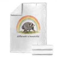 Cute Viral Raccoon Positive Quote Throw Blanket Different Is Beautiful Pastel Rainbow Graphic