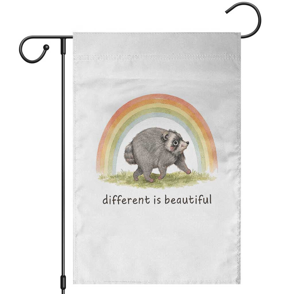 Cute Viral Raccoon Positive Quote Garden Flag Different Is Beautiful Pastel Rainbow Graphic