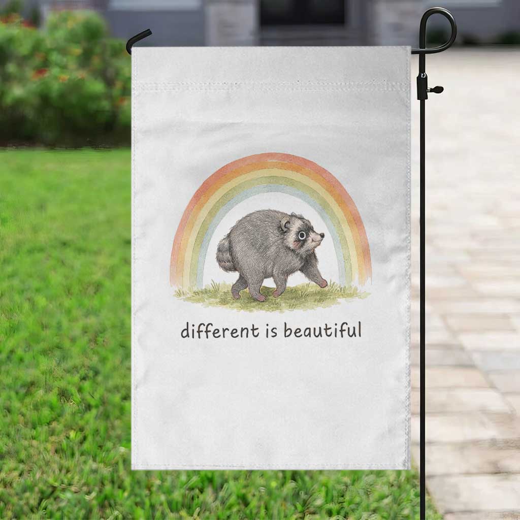 Cute Viral Raccoon Positive Quote Garden Flag Different Is Beautiful Pastel Rainbow Graphic