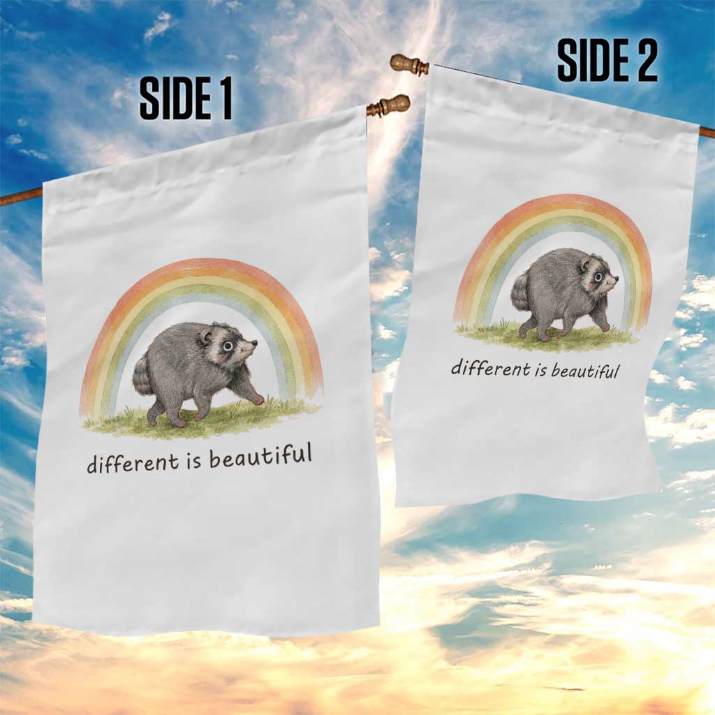 Cute Viral Raccoon Positive Quote Garden Flag Different Is Beautiful Pastel Rainbow Graphic