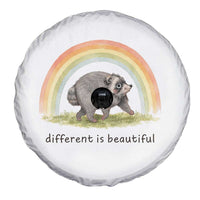 Cute Viral Raccoon Positive Quote Spare Tire Cover Different Is Beautiful Pastel Rainbow Graphic