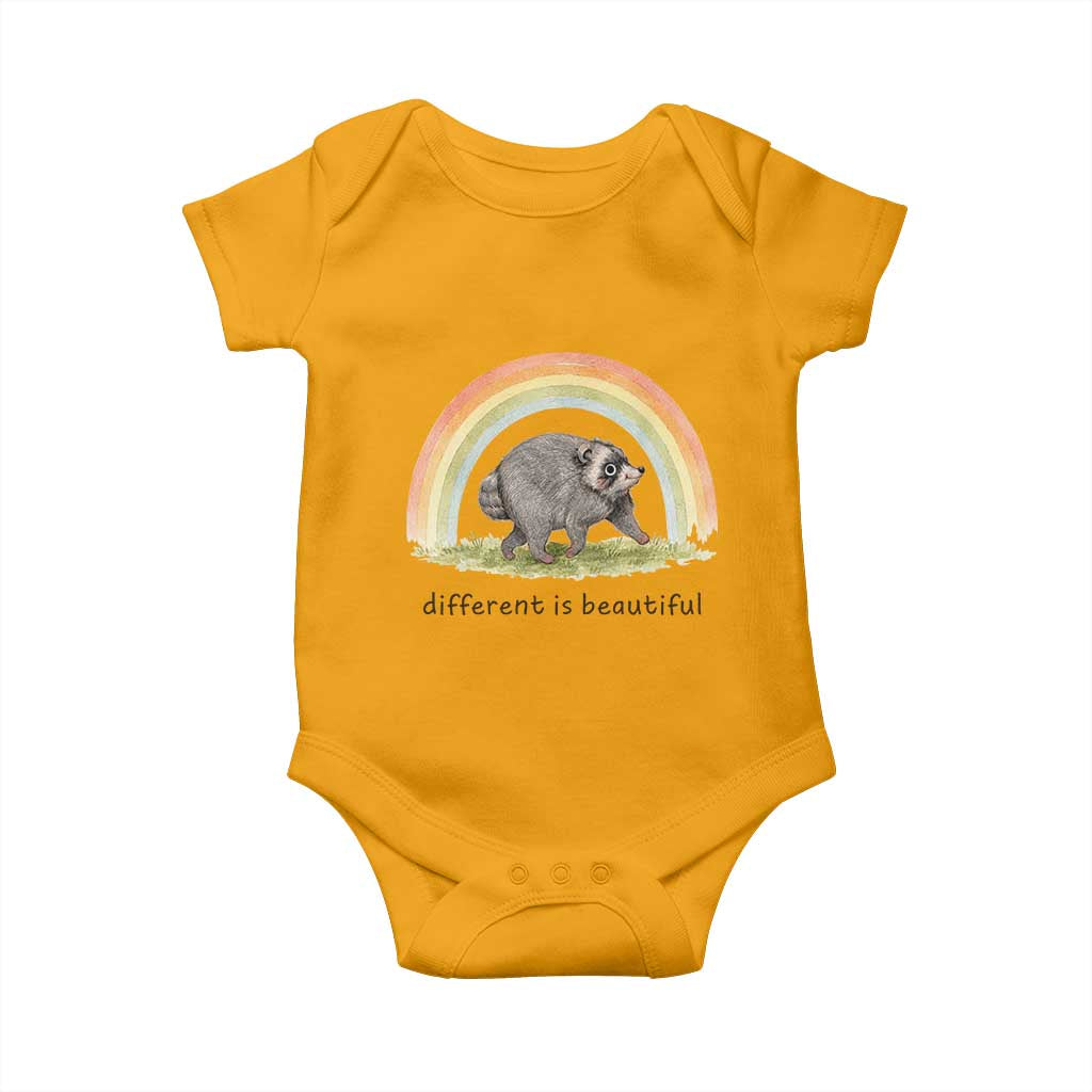 Cute Viral Raccoon Positive Quote Baby Onesie Different Is Beautiful Pastel Rainbow Graphic