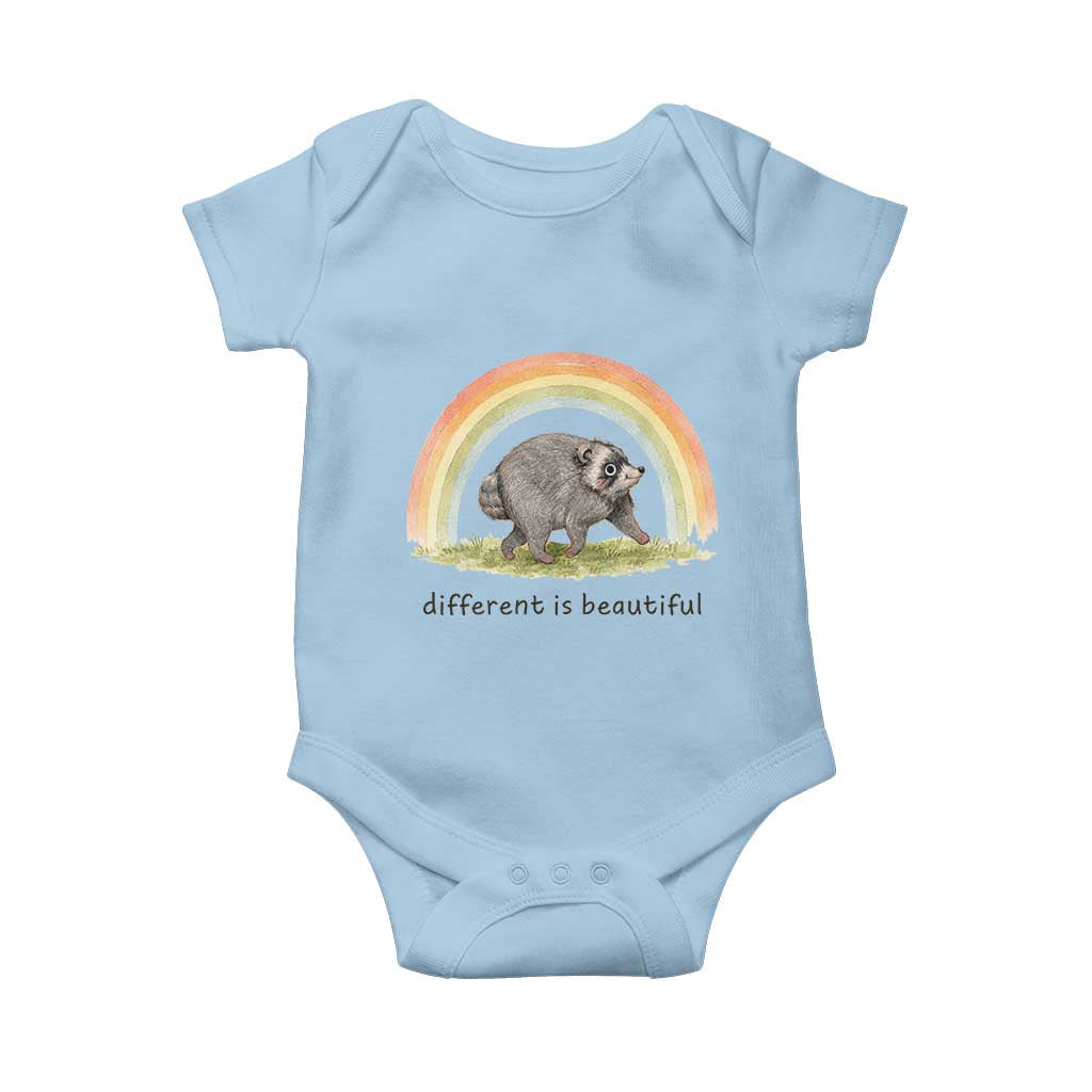 Cute Viral Raccoon Positive Quote Baby Onesie Different Is Beautiful Pastel Rainbow Graphic