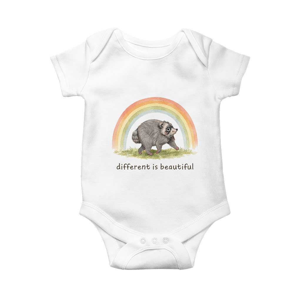 Cute Viral Raccoon Positive Quote Baby Onesie Different Is Beautiful Pastel Rainbow Graphic