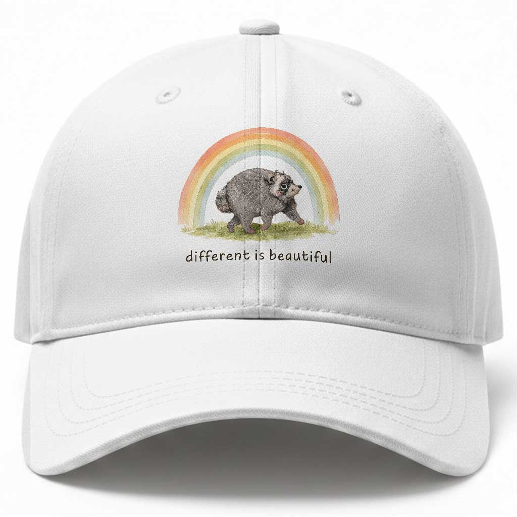 Cute Viral Raccoon Positive Quote Baseball Cap Different Is Beautiful Pastel Rainbow Graphic