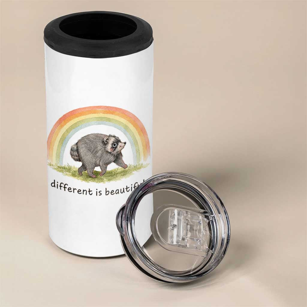 Cute Viral Raccoon Positive Quote 4 in 1 Can Cooler Tumbler Different Is Beautiful Pastel Rainbow Graphic