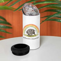 Cute Viral Raccoon Positive Quote 4 in 1 Can Cooler Tumbler Different Is Beautiful Pastel Rainbow Graphic