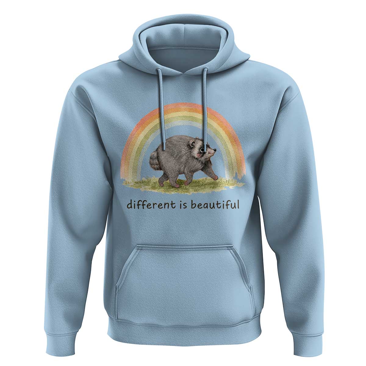 Cute Viral Raccoon Positive Quote Hoodie Different Is Beautiful Pastel Rainbow Graphic