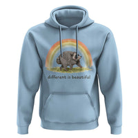 Cute Viral Raccoon Positive Quote Hoodie Different Is Beautiful Pastel Rainbow Graphic